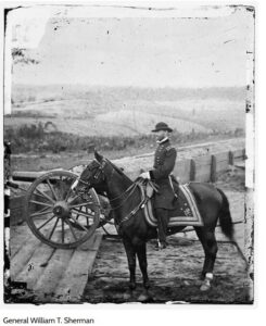 Black and white photo of General Sherman on horseback during the American Civil War and from the Library of Congress